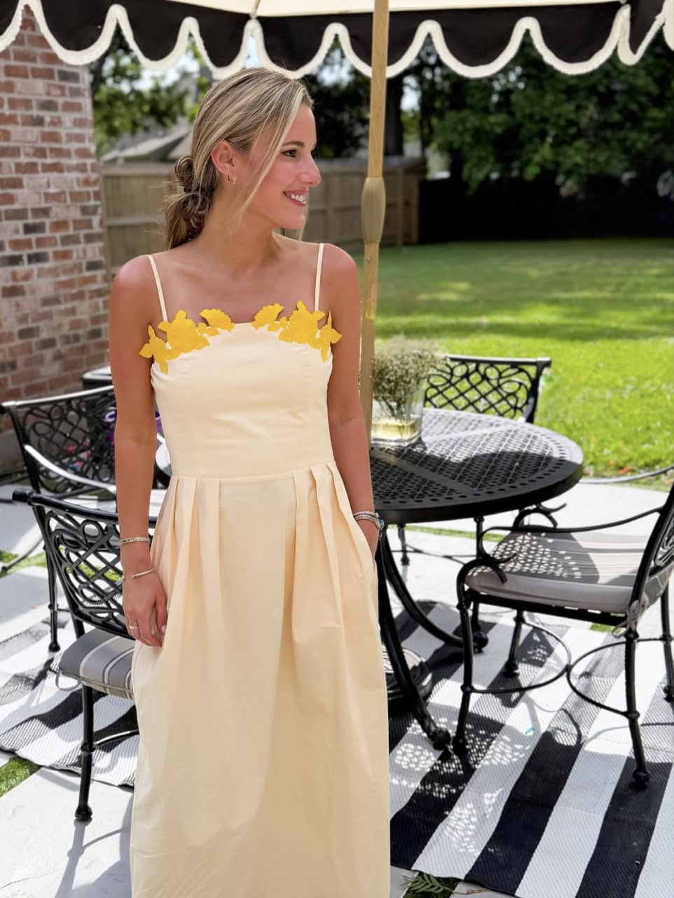 Yellow Floral Applique Midi Dress
