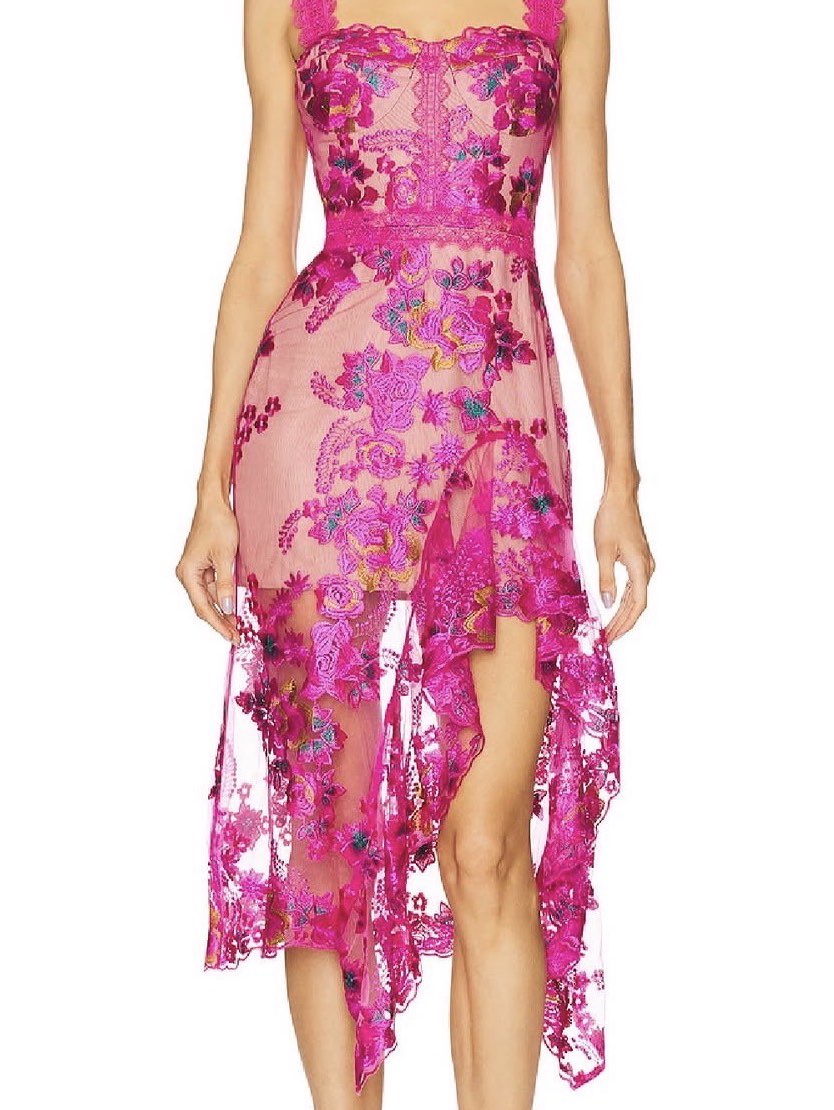 Fuchsia Floral Embroidered High-Low Midi Dress