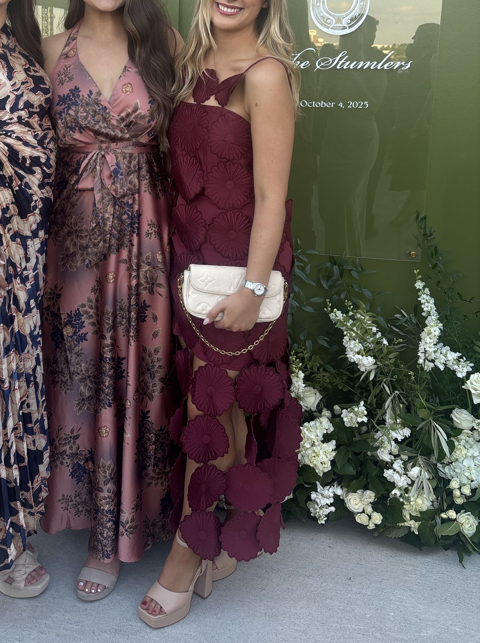 Maroon cutwork floral midi dress with fringe hem