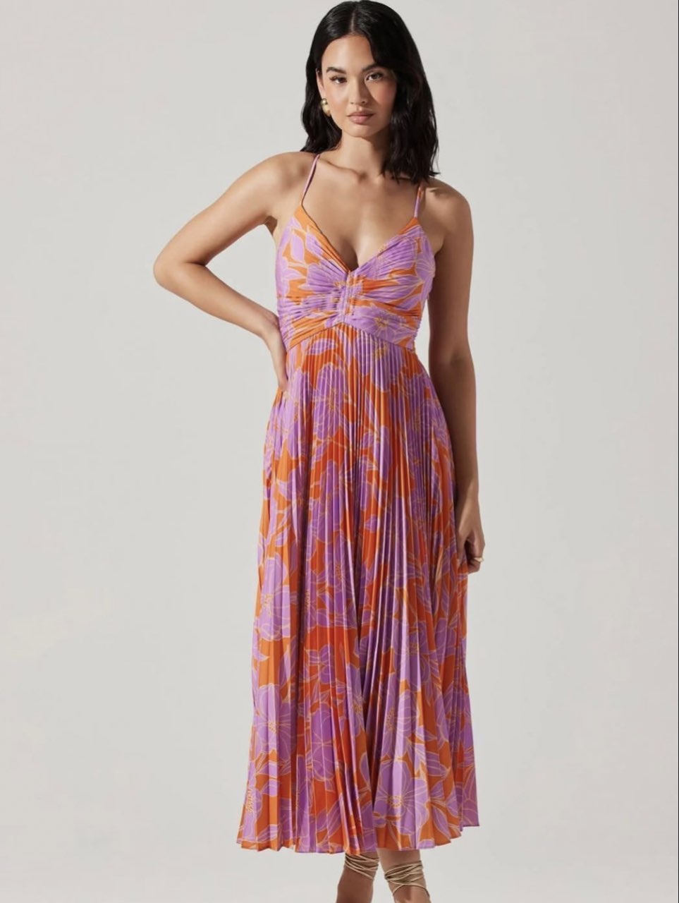 ASTR the label blythe pleated midi dress in orange and purple
