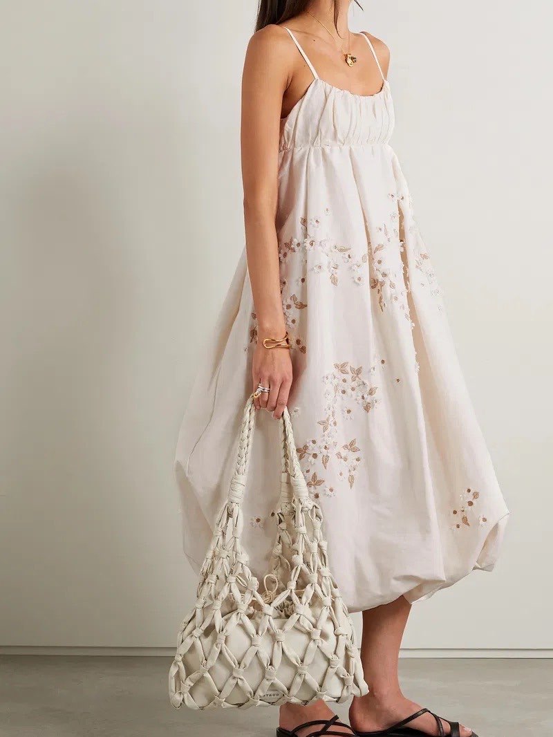 Embroidered Balloon Midi Dress