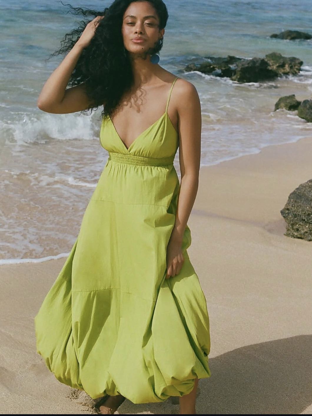 Anthro Tiered Bubble- Hem dress in lime