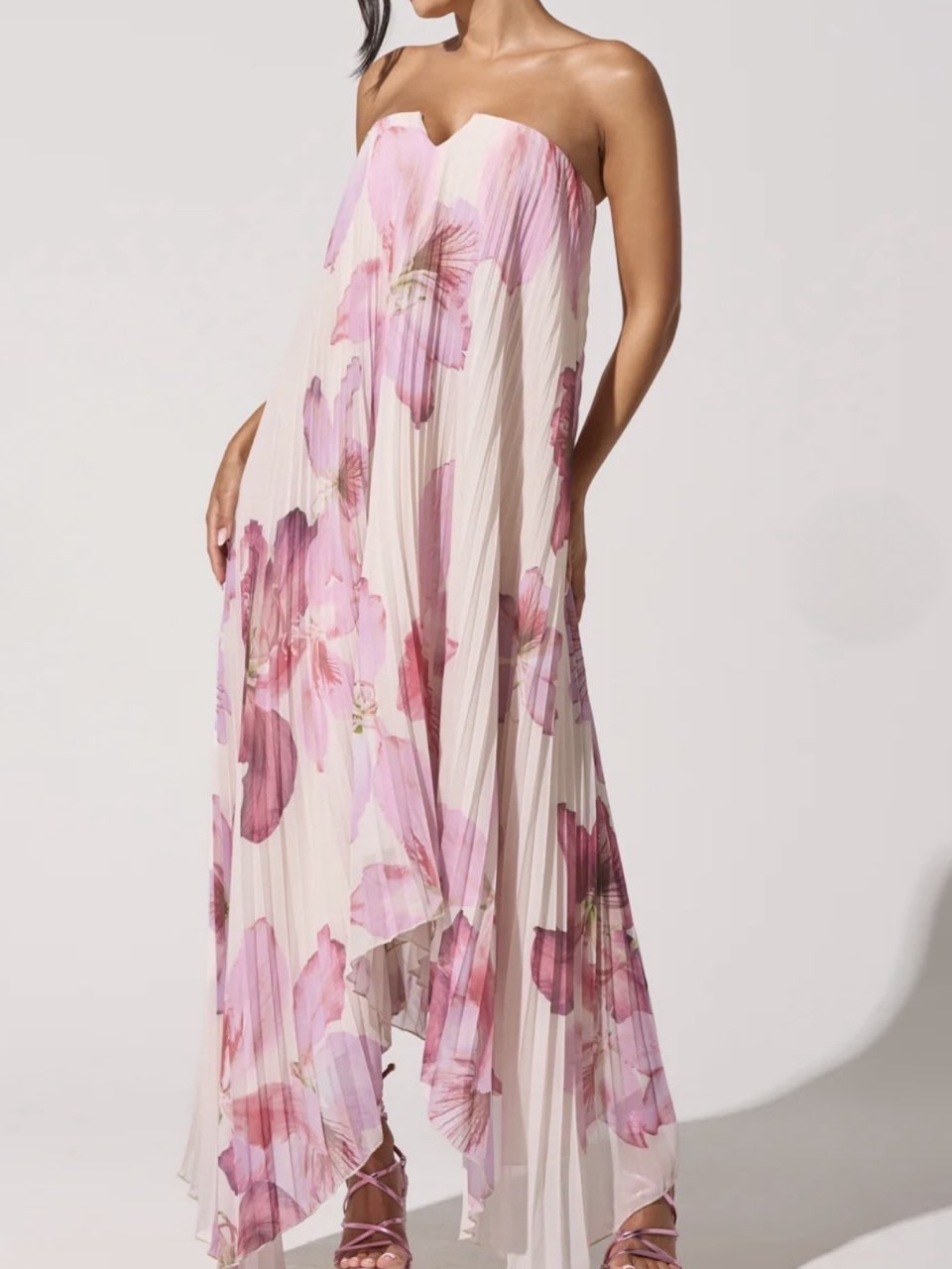 Pink Floral Pleated Strapless Maxi Dress