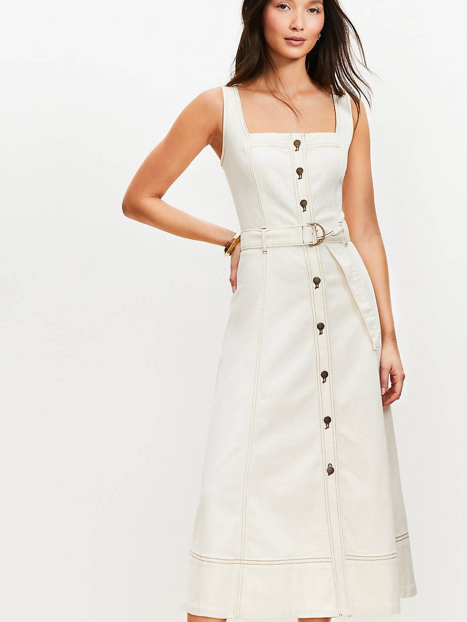 Off-White Square Neck Button-Front Midi Dress