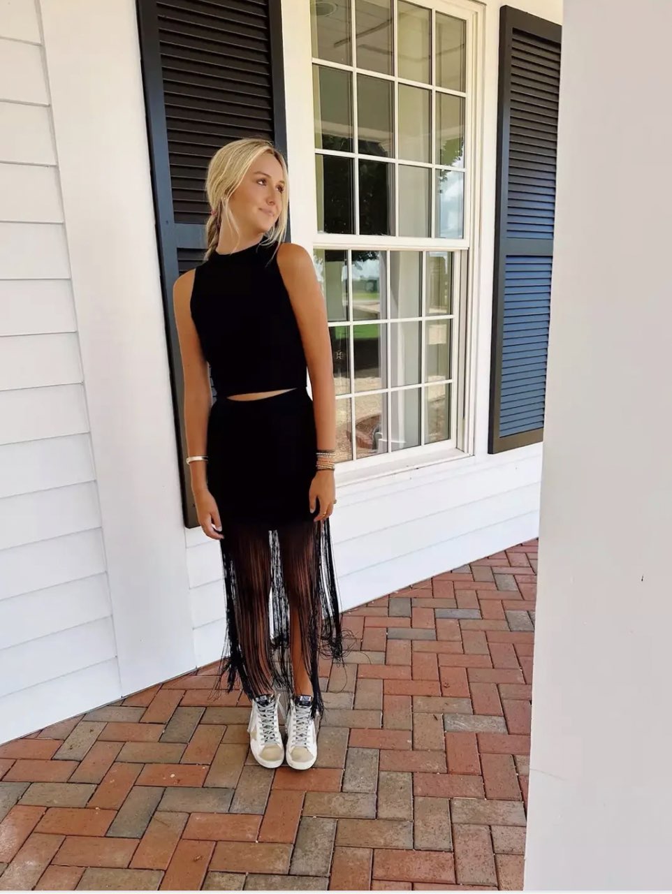 Black Fringe Crop Top and Midi Skirt Set