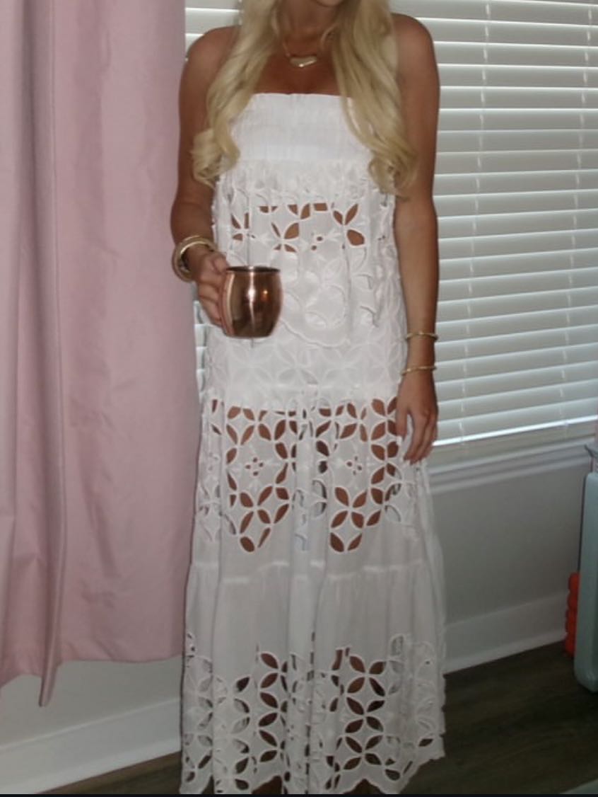 White Strapless Eyelet Maxi Dress