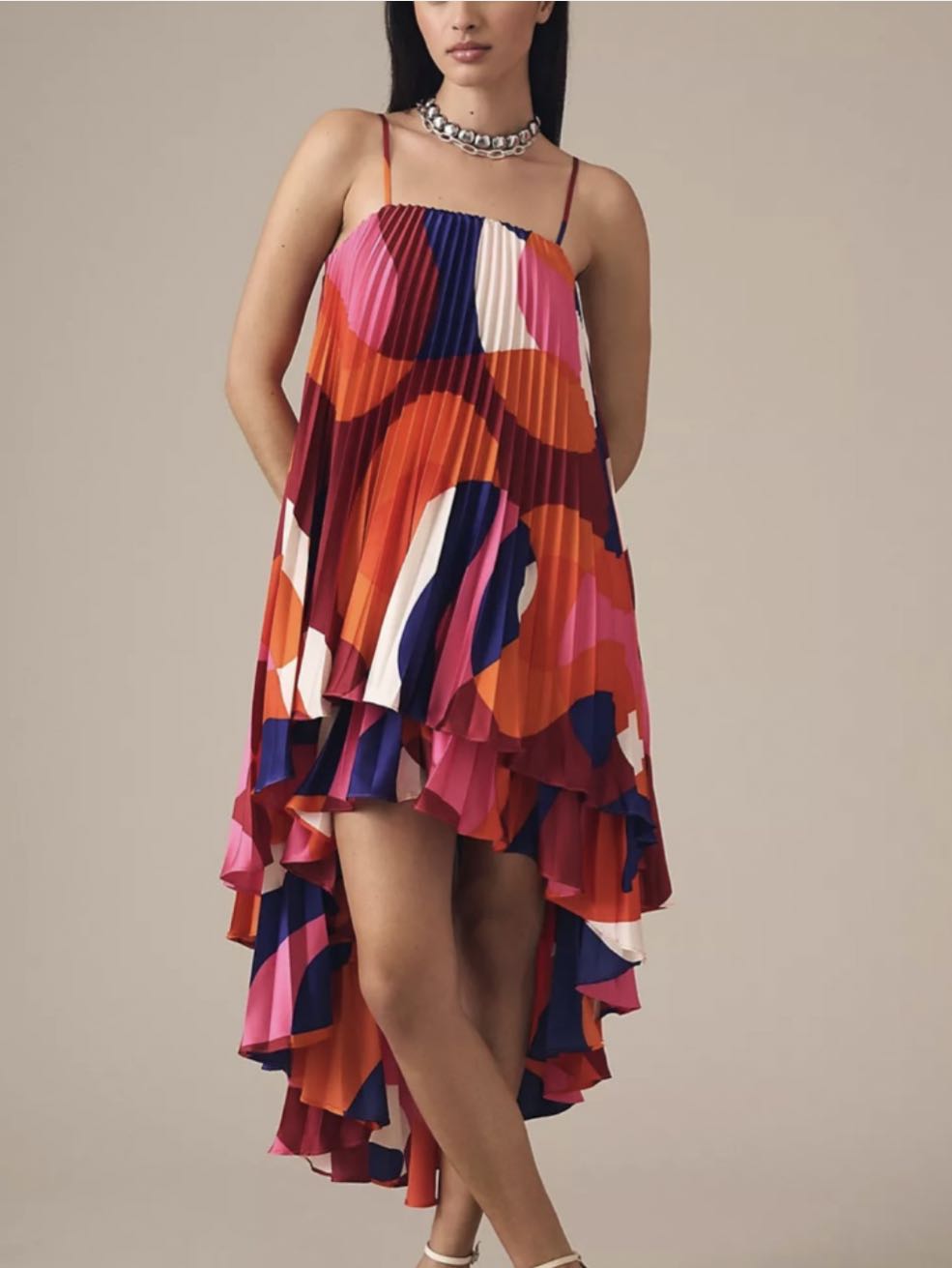 Multicolor Pleated High-Low Dress