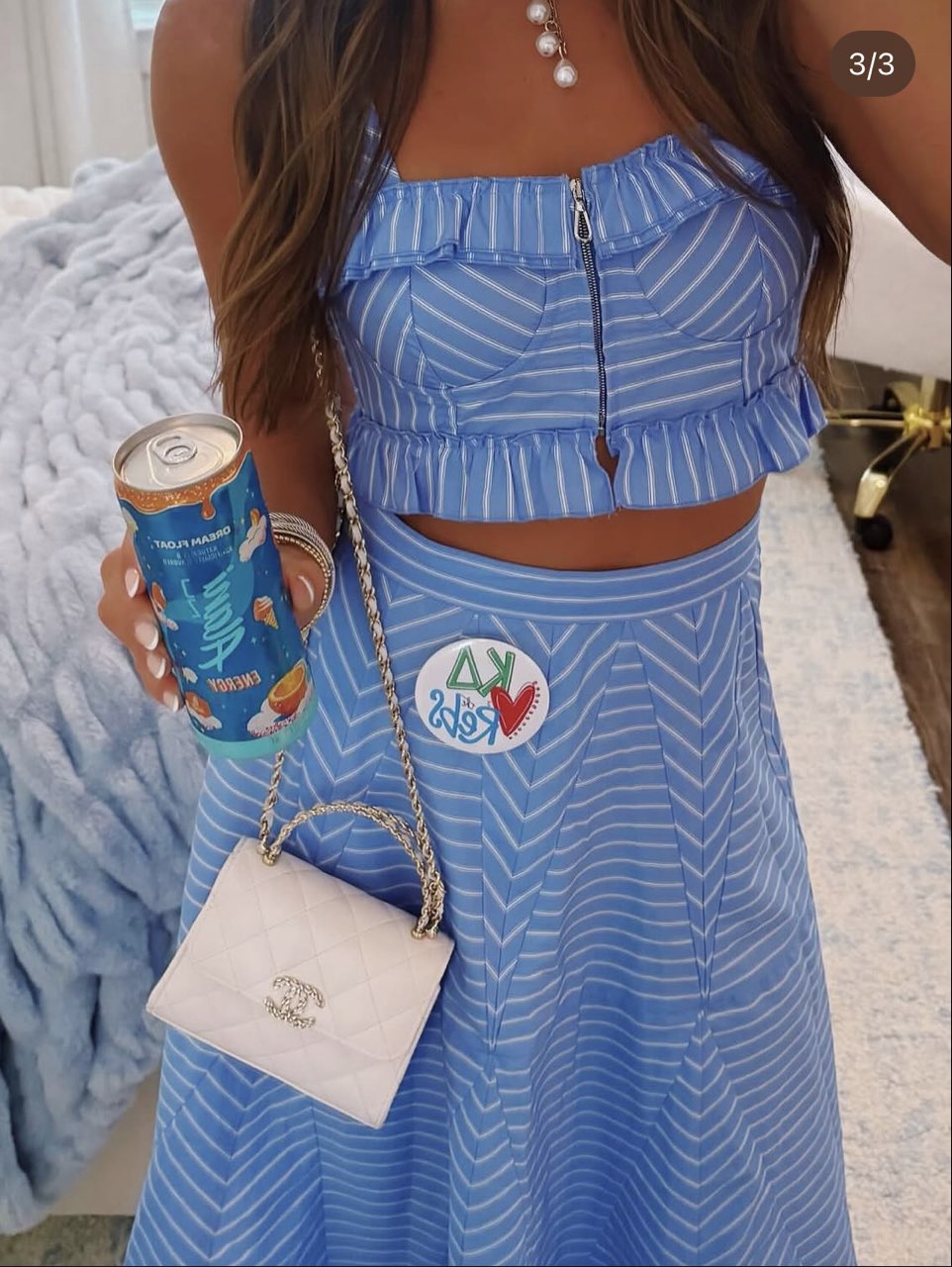 Light Blue Striped Ruffled Crop Top and Midi Skirt Set