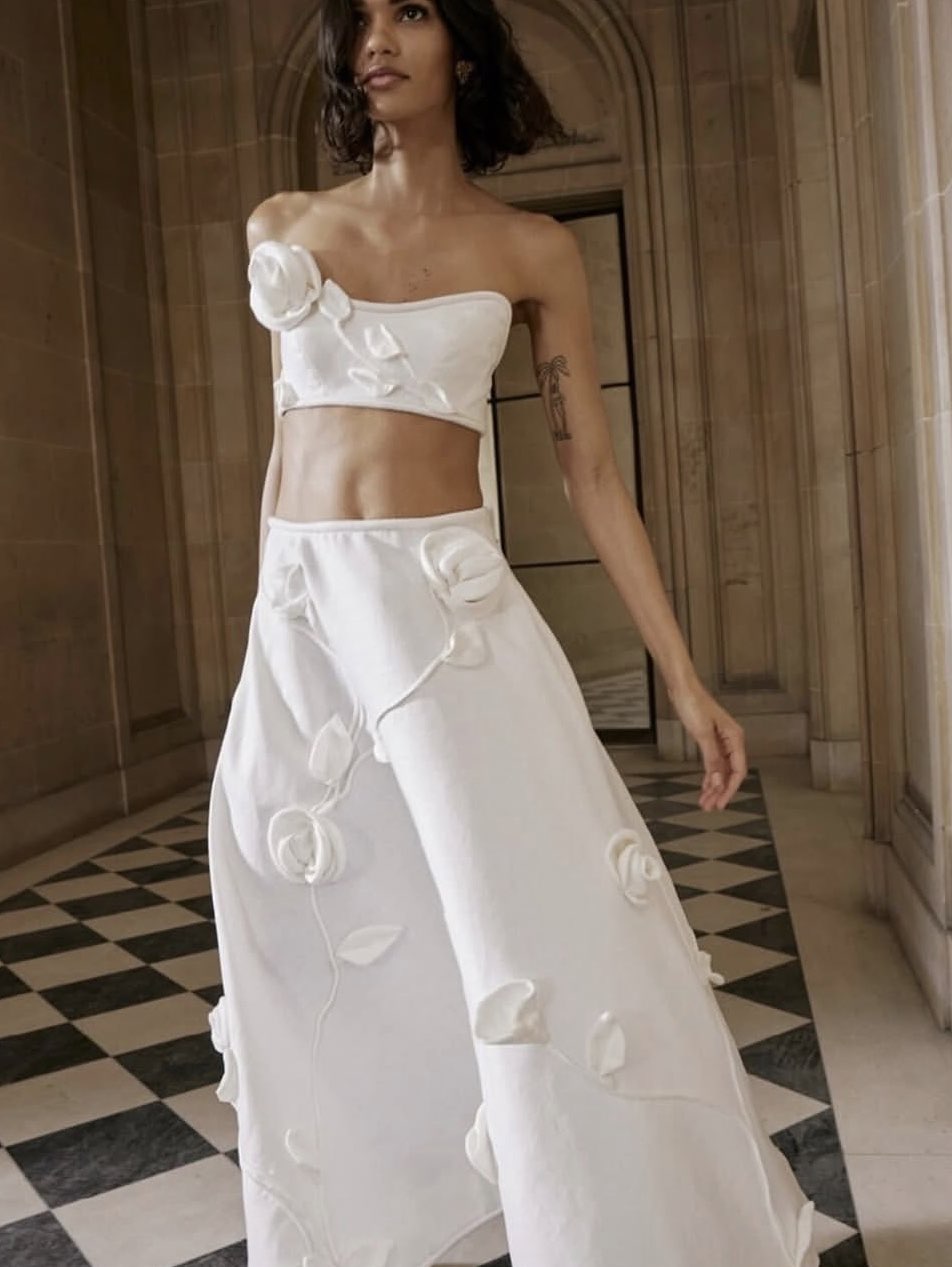 White Floral Applique Crop Top & Midi Skirt Set
