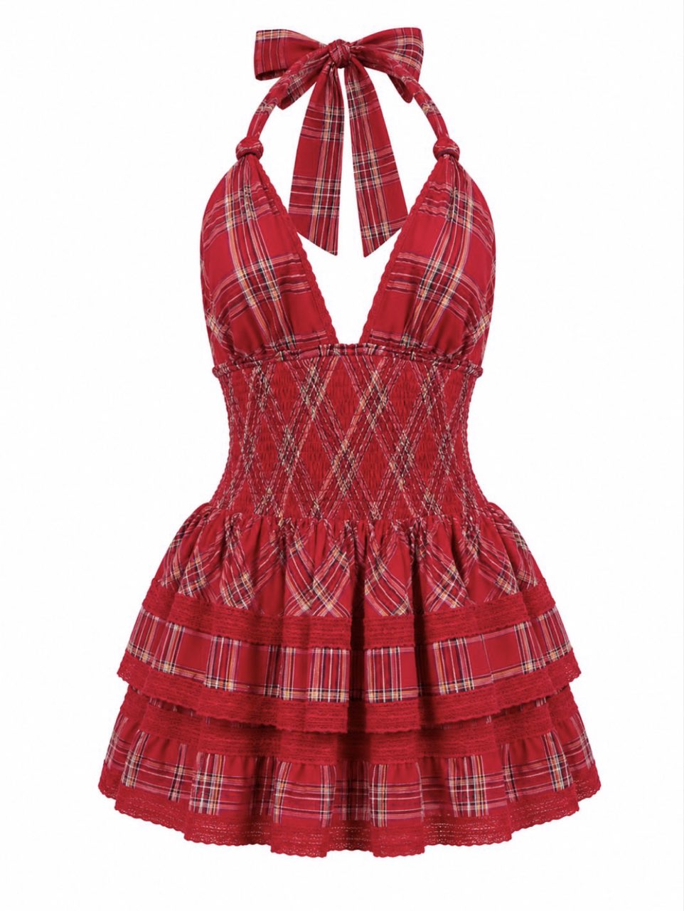 Red Plaid Halter Mini Dress