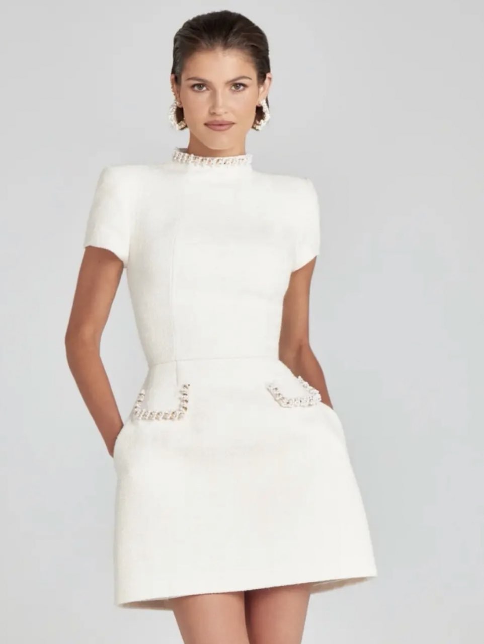 White Pearl-Trim Mini Dress