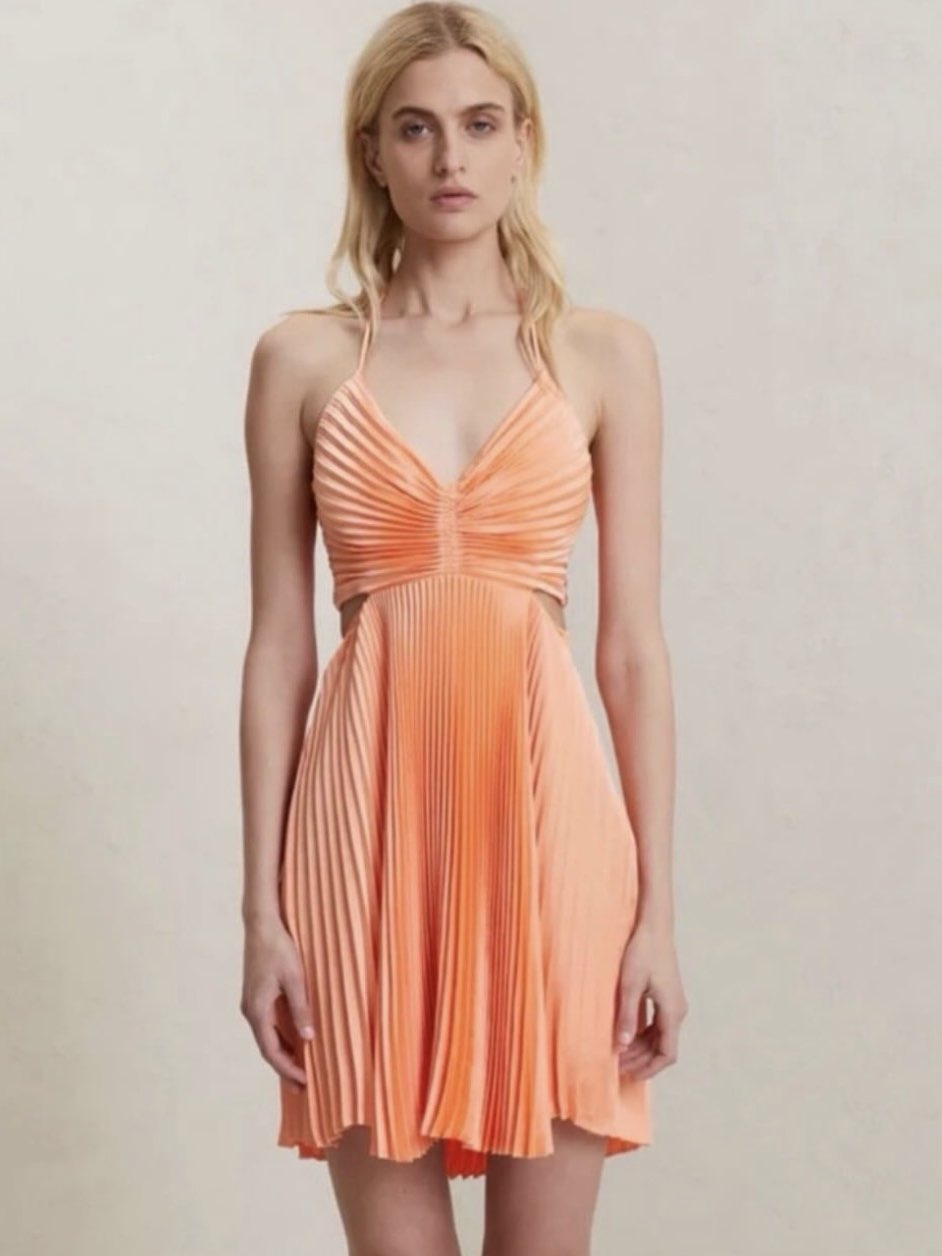 Orange Pleated Halter Mini Dress
