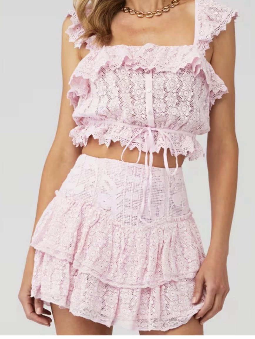 Pink Lace Ruffled Crop Top and Skirt Set