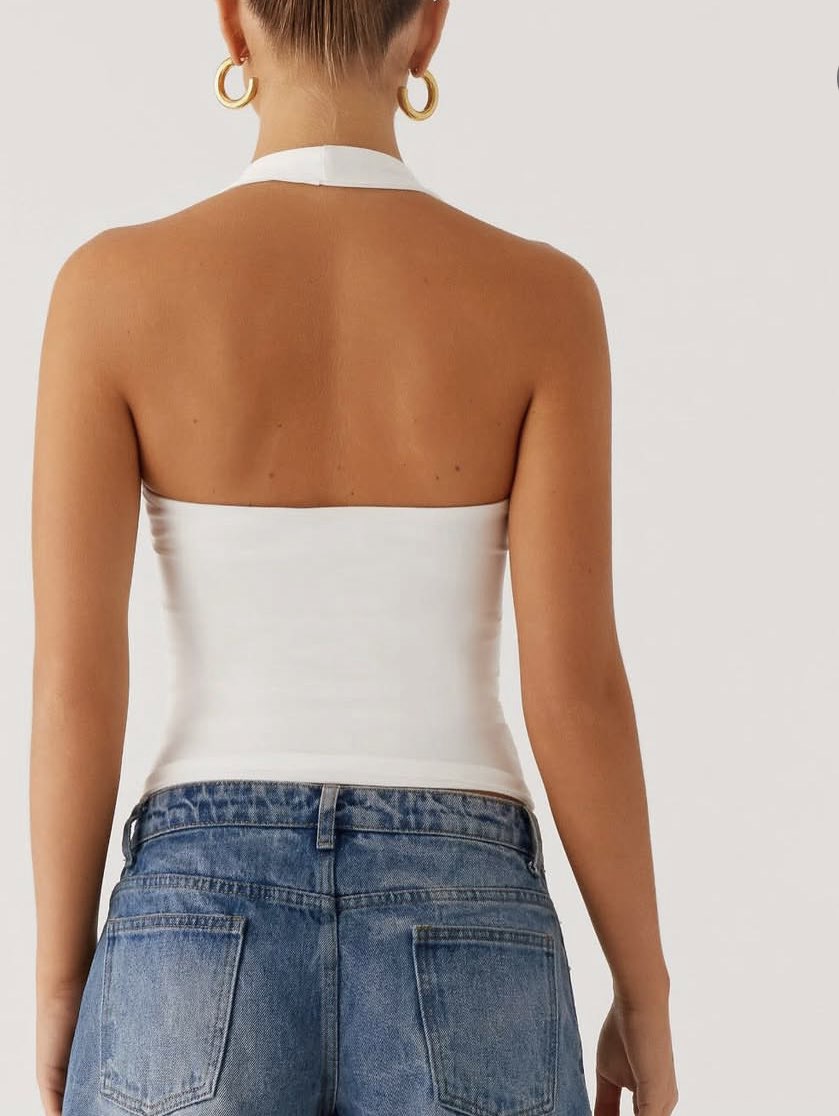 White Halter Plunge Top with Stone Detail