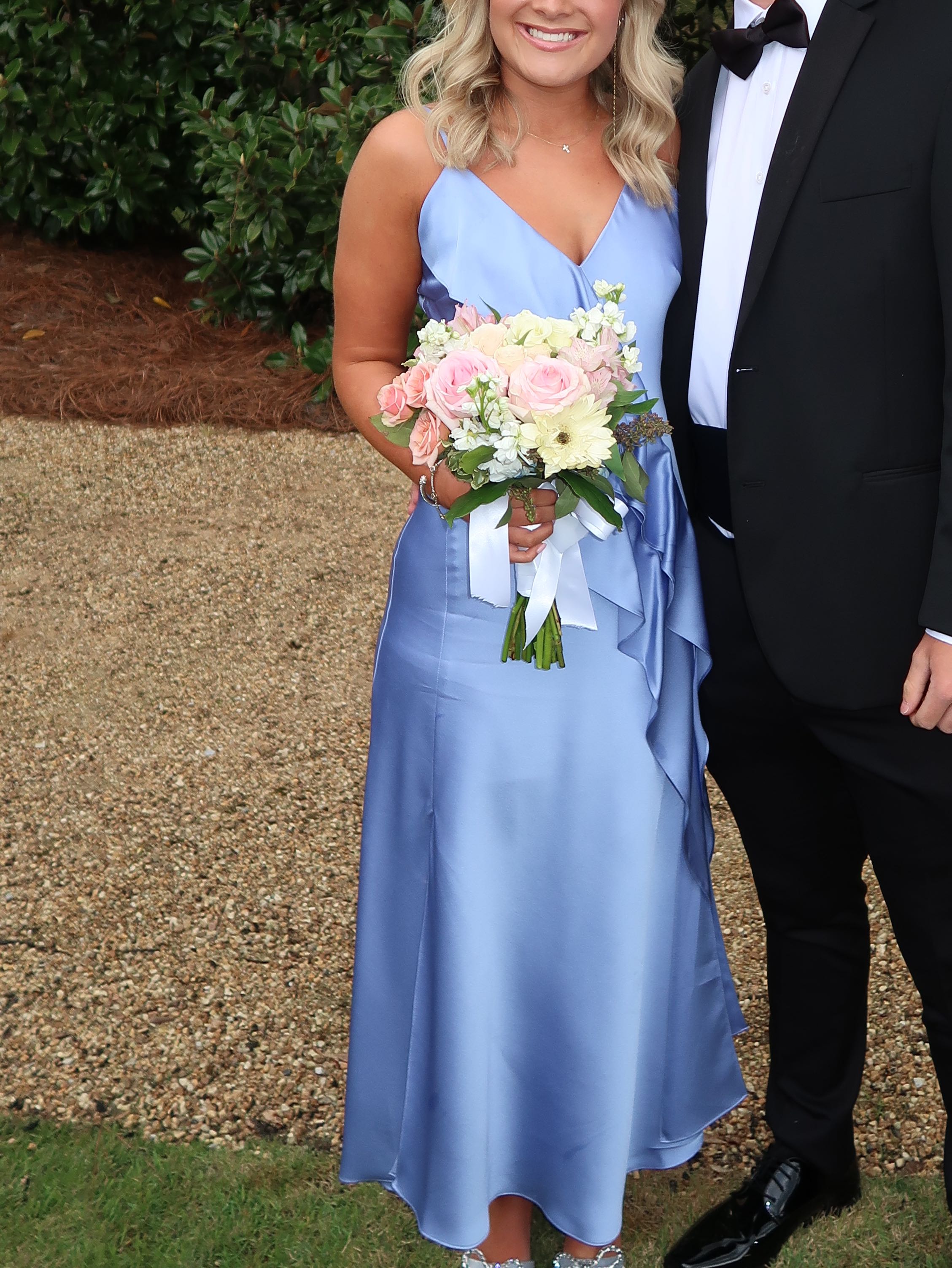Quinn Ruffle Draped V-Neck Sleeveless Satin Dress