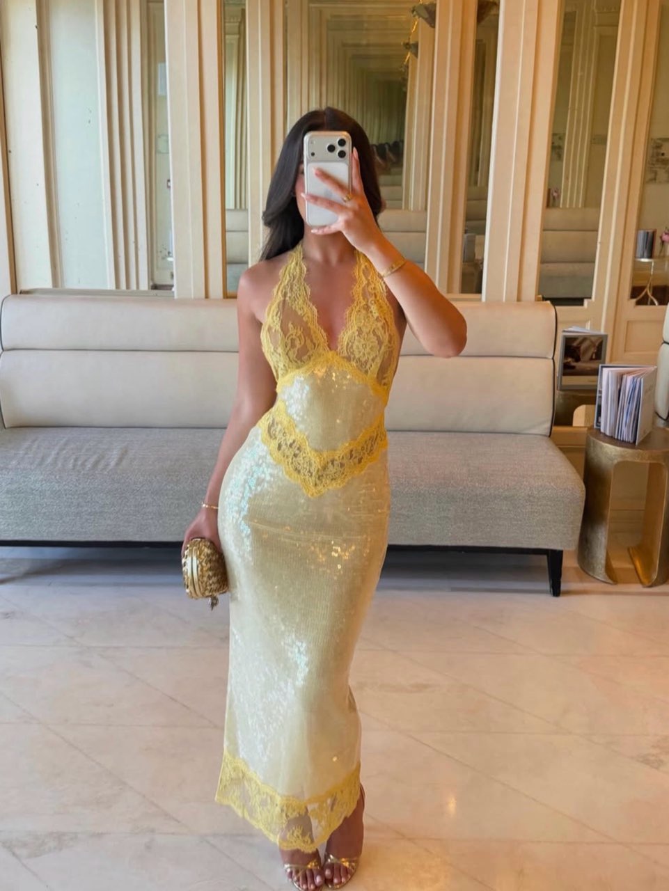 Pale Yellow Sequin Halter Midi Dress with Lace Trim