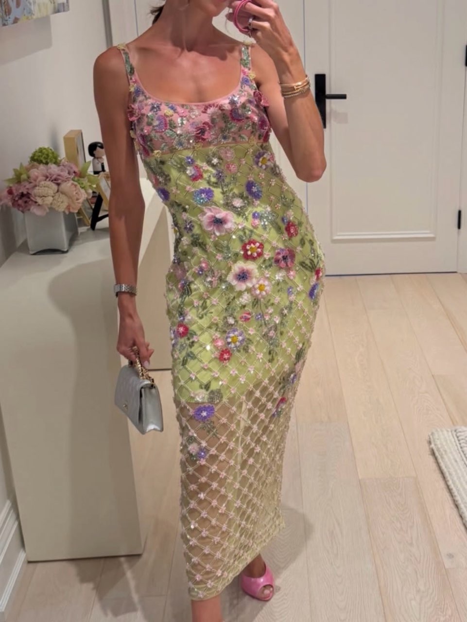 Embroidered Floral Beaded Midi Dress