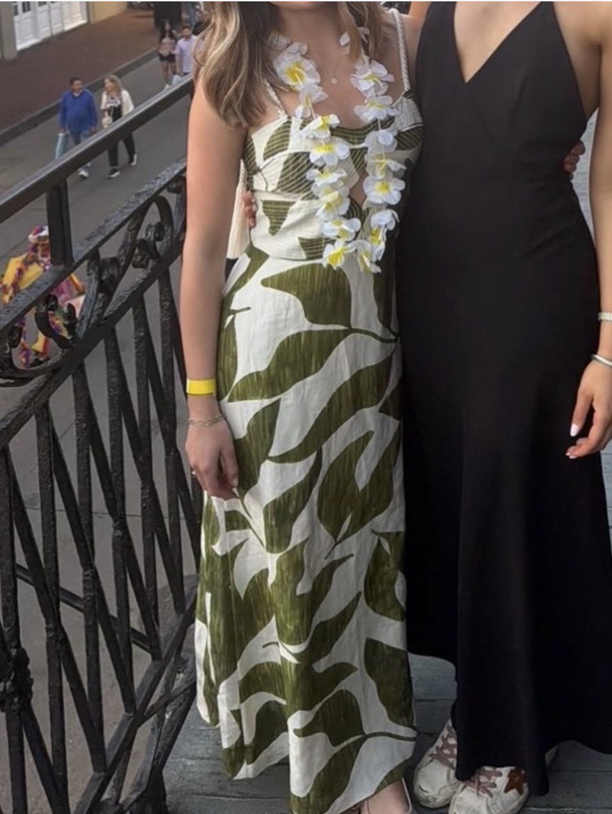 Green Leaf Print Cut-Out Midi Dress
