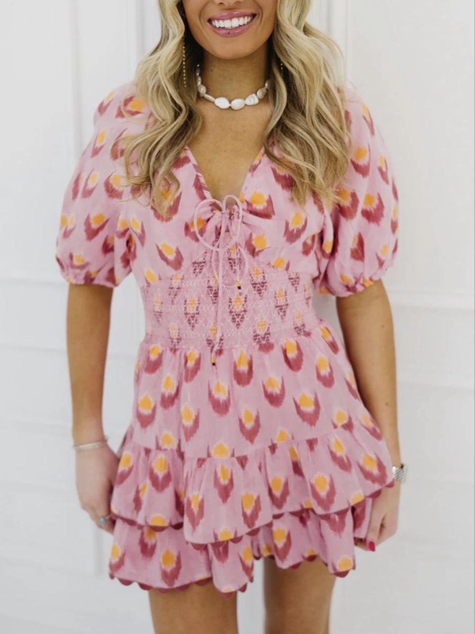 Pink Ikat Print Smocked Mini Romper