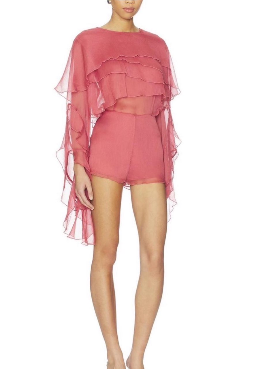 Ruffled Sheer Sleeve Romper in Rose