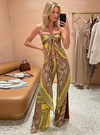 Scarf Print Halter Top and Wide-Leg Pants Set