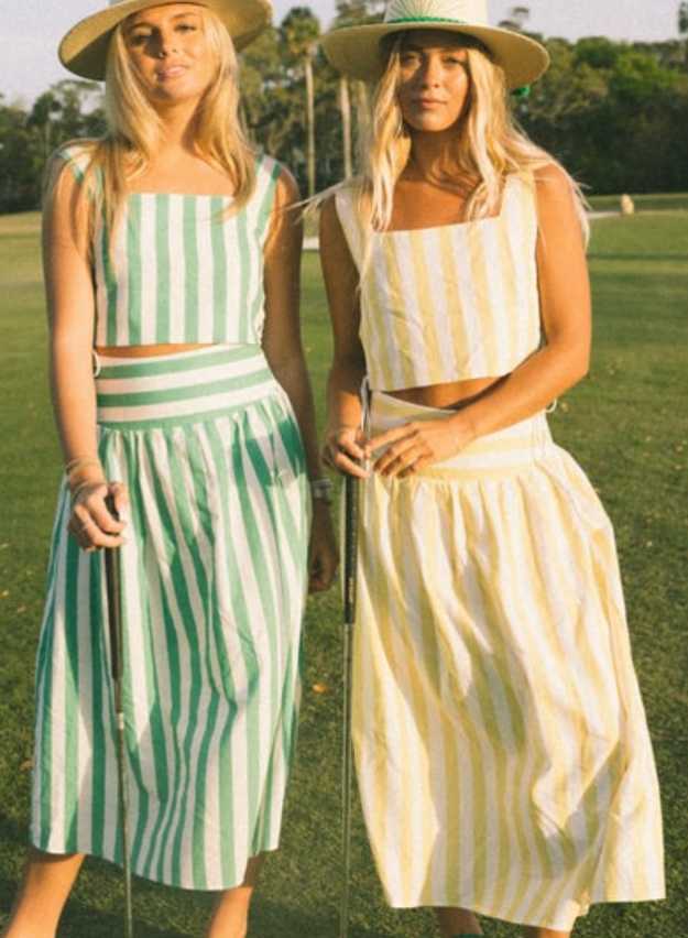 Green and White Striped Crop Top and Midi Skirt Set