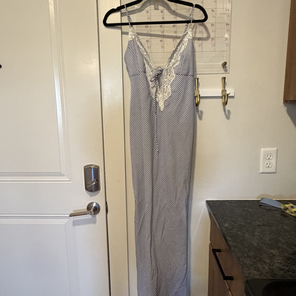 Blue and White Striped Maxi Dress with Lace