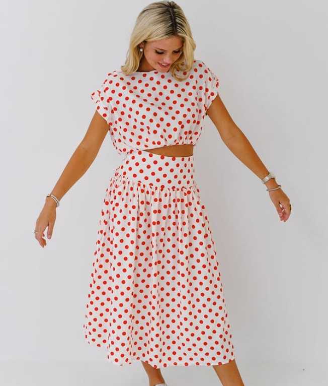 Red Polka Dot Crop Top and Midi Skirt Set
