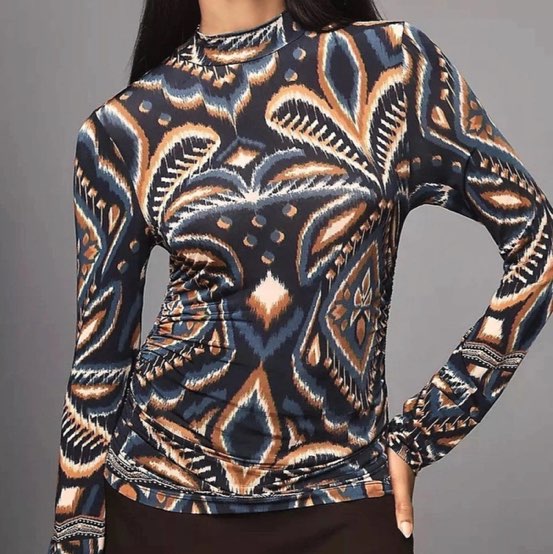 Farm Rio Ikat Print Mock Neck Long Sleeve Top