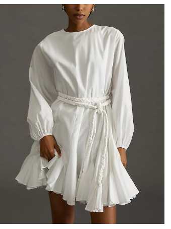 White Long-Sleeve Mini Dress with Rope Belt
