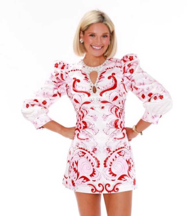 White & Pink Paisley Puff Sleeve Mini Dress