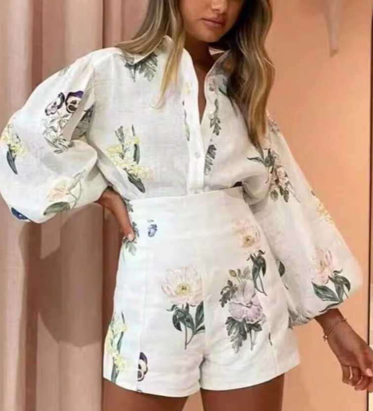 White Floral Print Blouse and Shorts Set