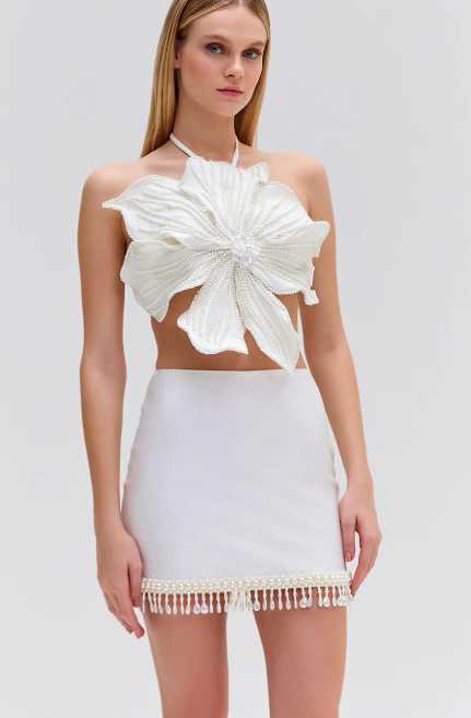White Pearl Embellished Flower Halter Top