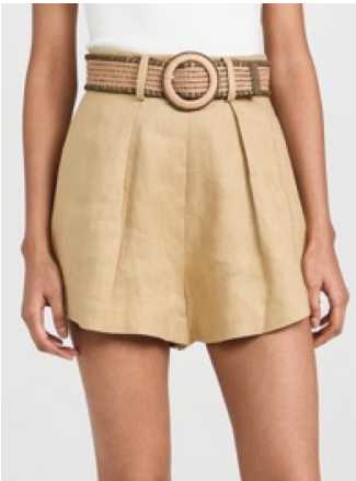 Khaki Pleated Linen Shorts with Woven Belt
