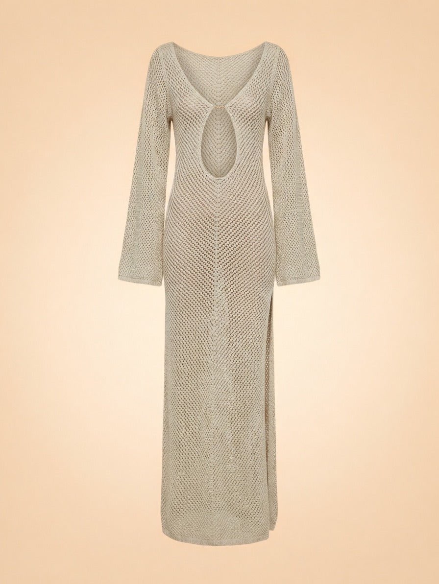 Beige Knit Cutout Maxi Dress