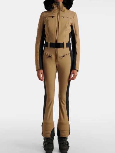 Tan and Black Ski Jumpsuit with Faux Fur Hood