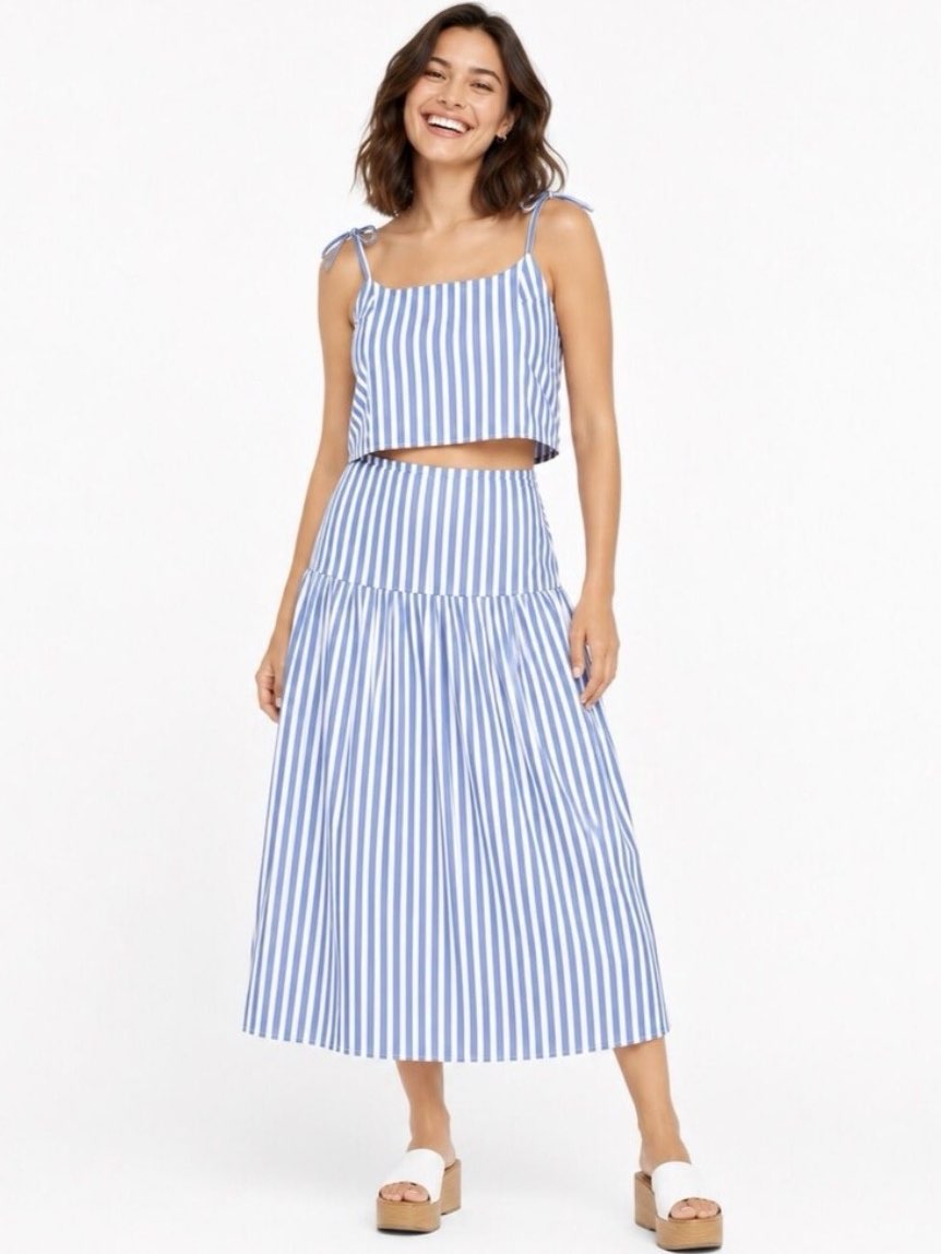 Blue and White Striped Top and Midi Skirt Set