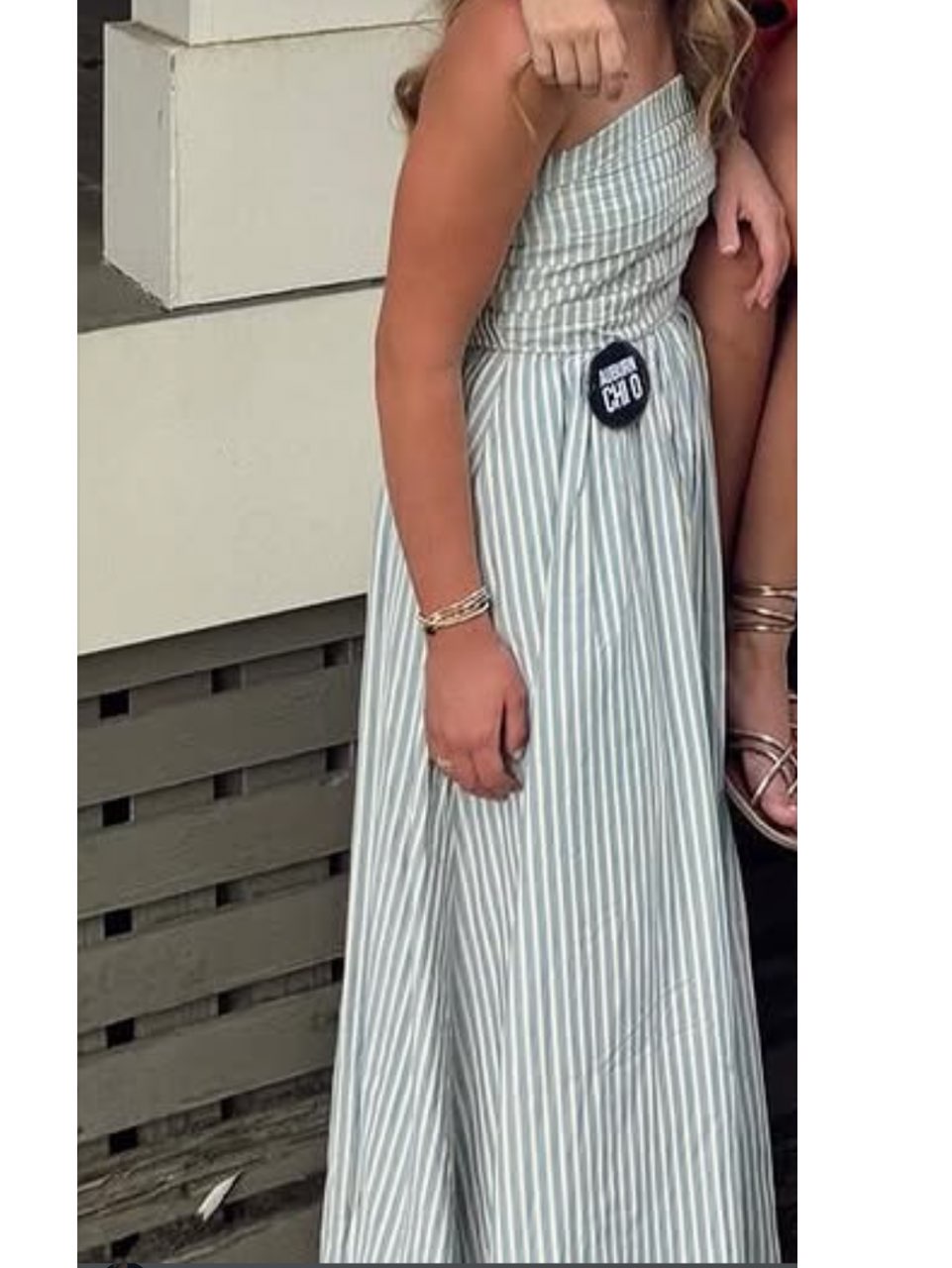Blue and White Striped Strapless Maxi Dress