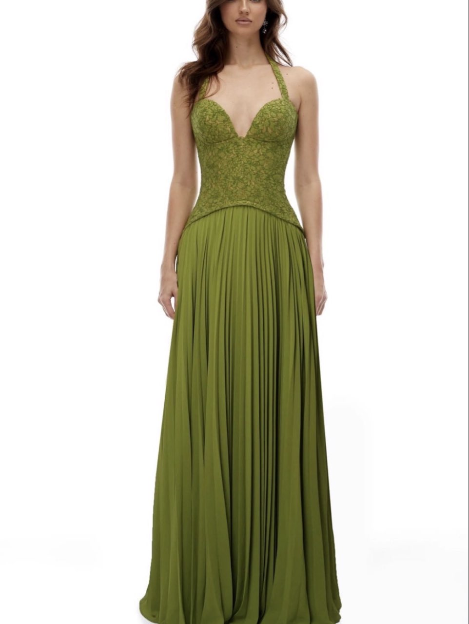 Olive Green Embroidered Bodice Pleated Halter Gown