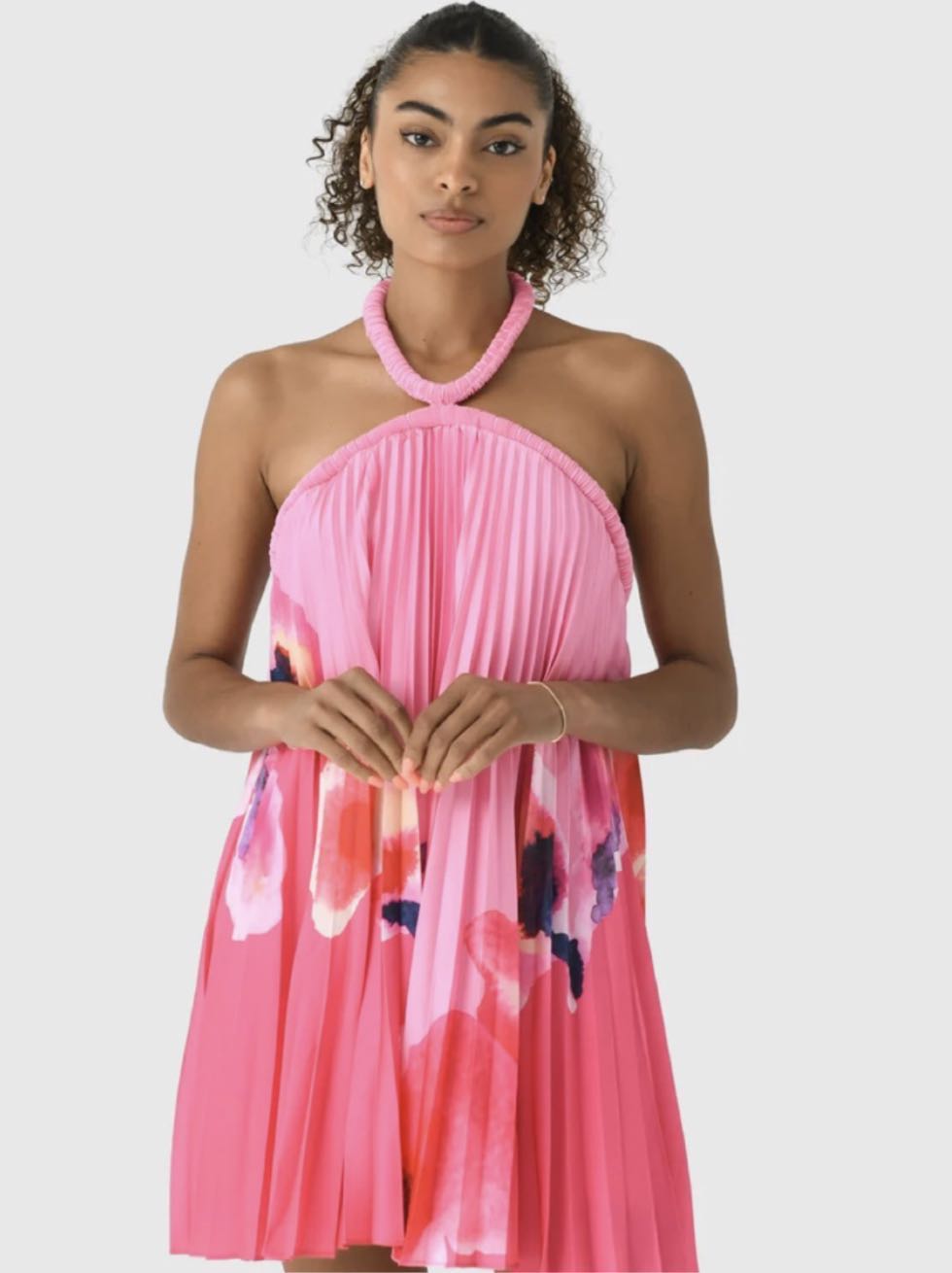 Pink Pleated Halter Dress