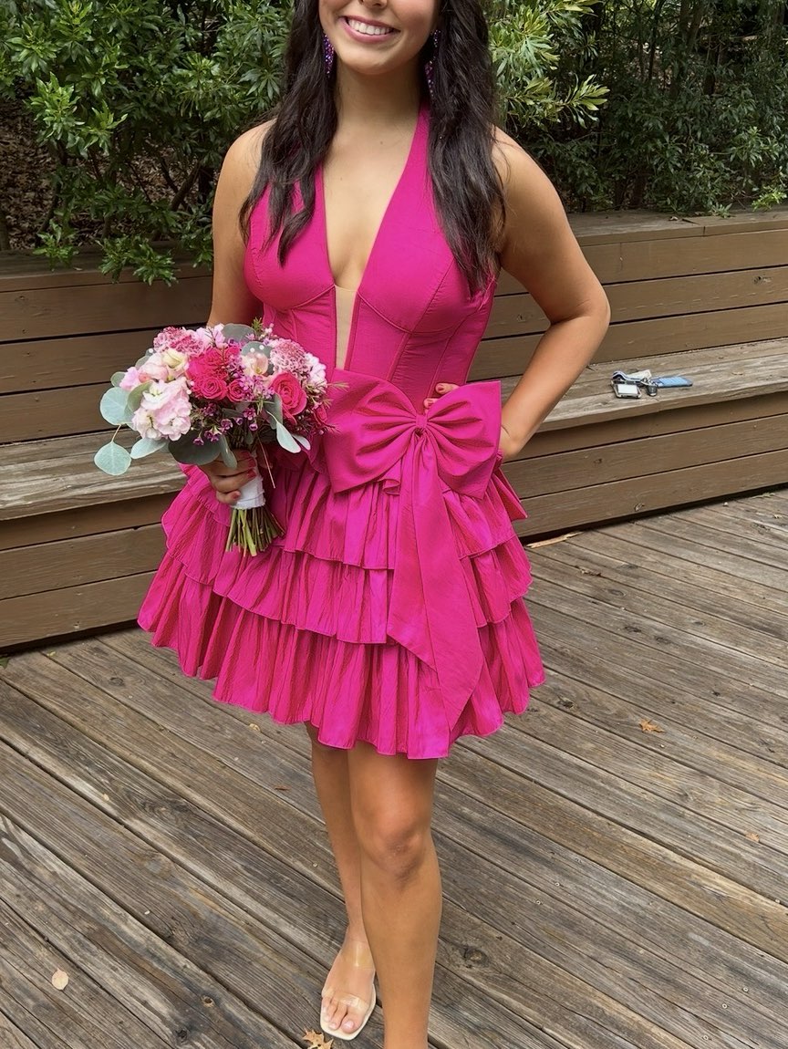hot pink sherri hill bow ruffle dress