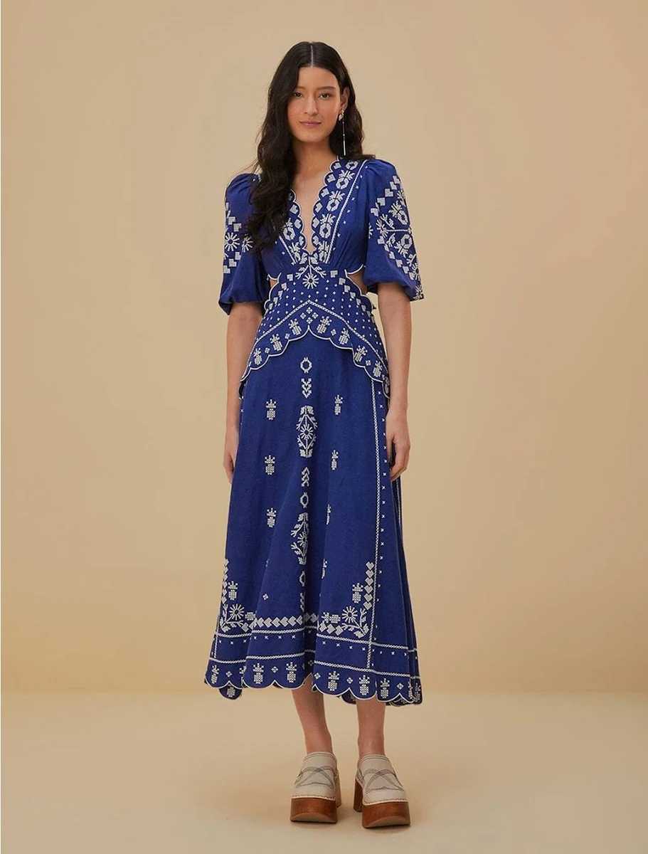 Farm Rio Embroidered Cutout Midi Dress