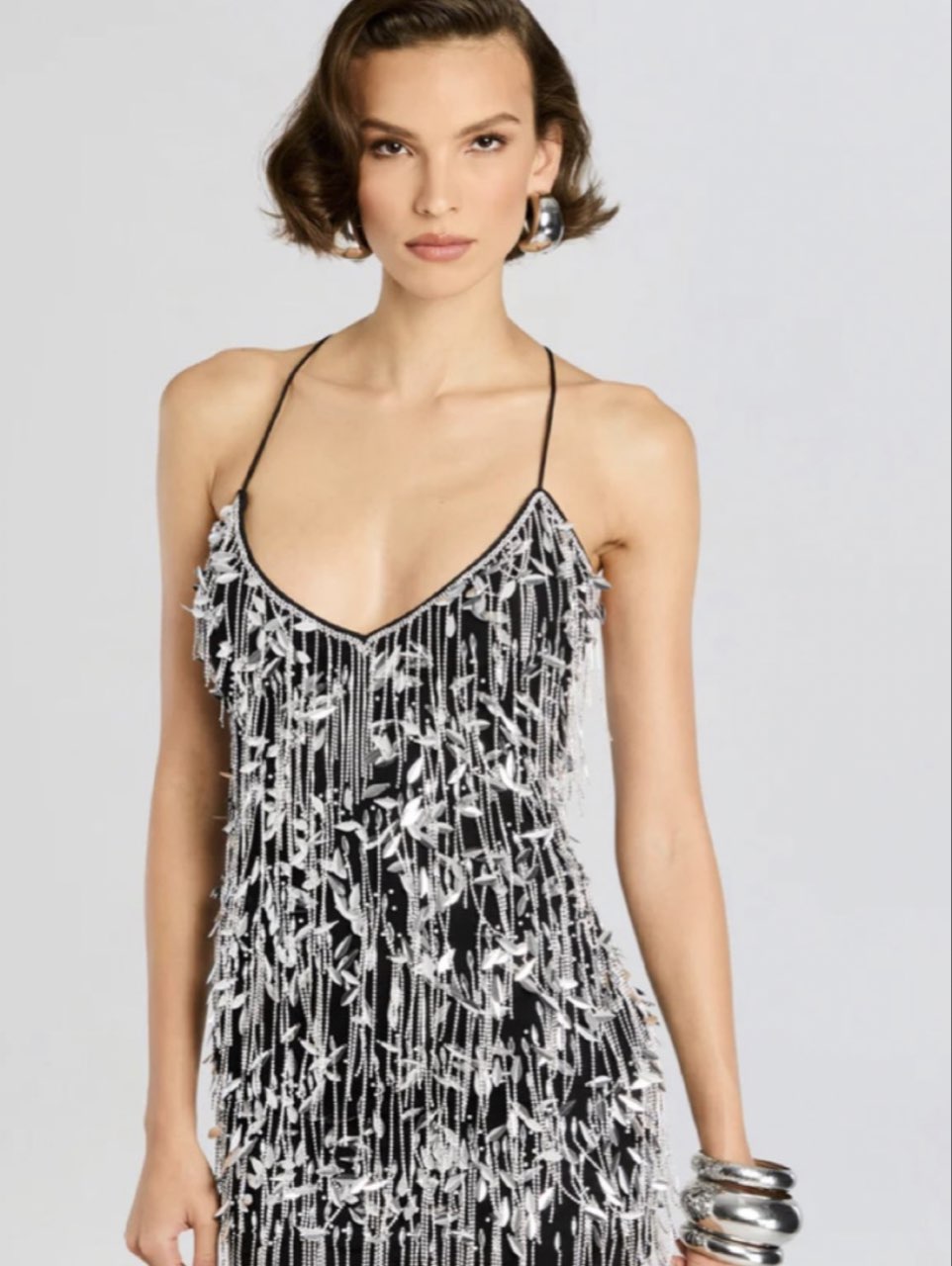 Black Spaghetti Strap Mini Dress with Silver Fringe