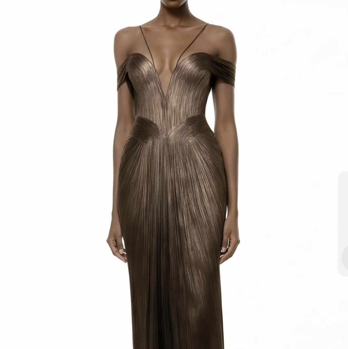 Marie Metallic Bronze Pleated Gown