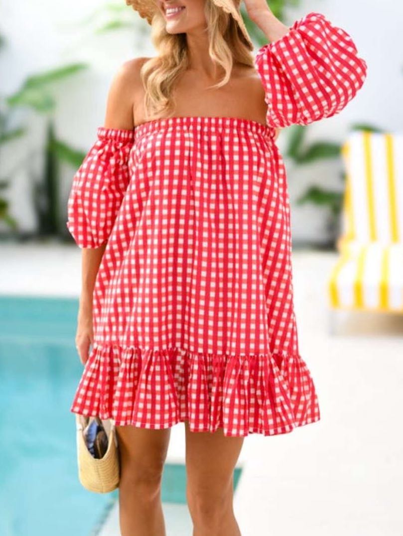 Red and white gingham off the shoulder dress