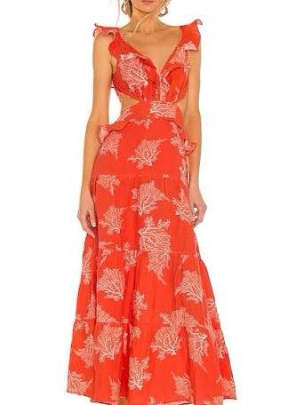 Coral Print Cut-Out Ruffle Maxi Dress