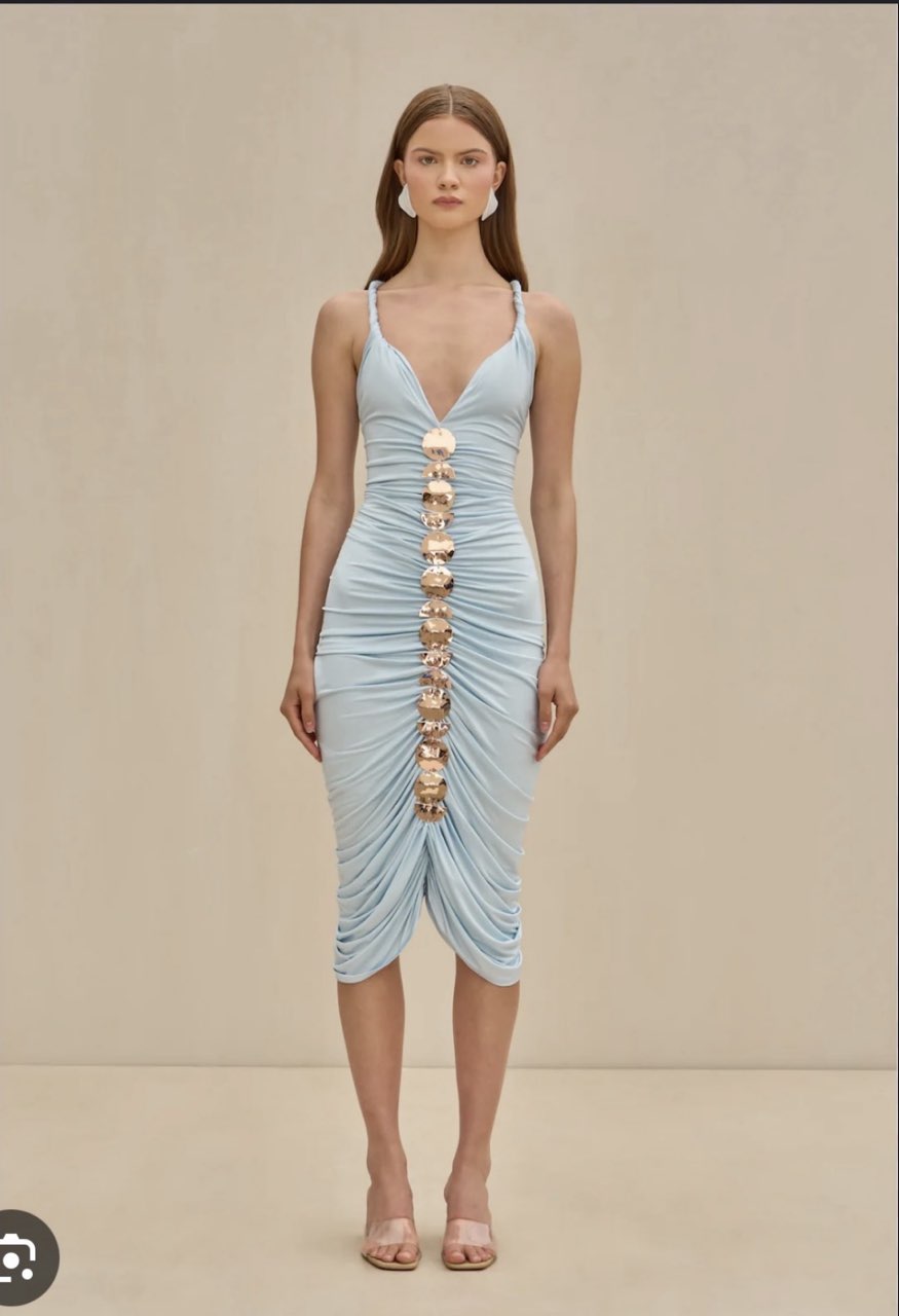 Light Blue Ruched Midi Dress with Gold Embellishments