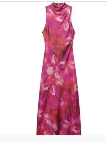 Fuchsia Floral High-Neck Midi Dress