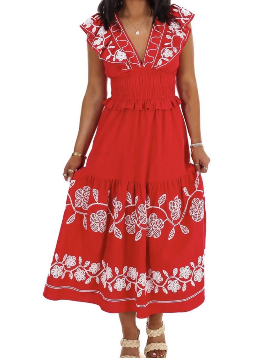 Red Embroidered Midi Dress