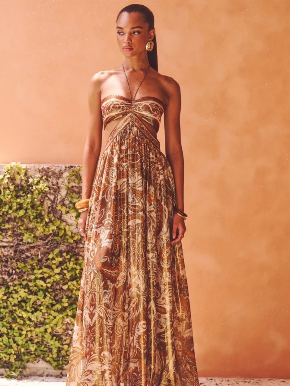 Metallic Paisley Cutout Maxi Dress